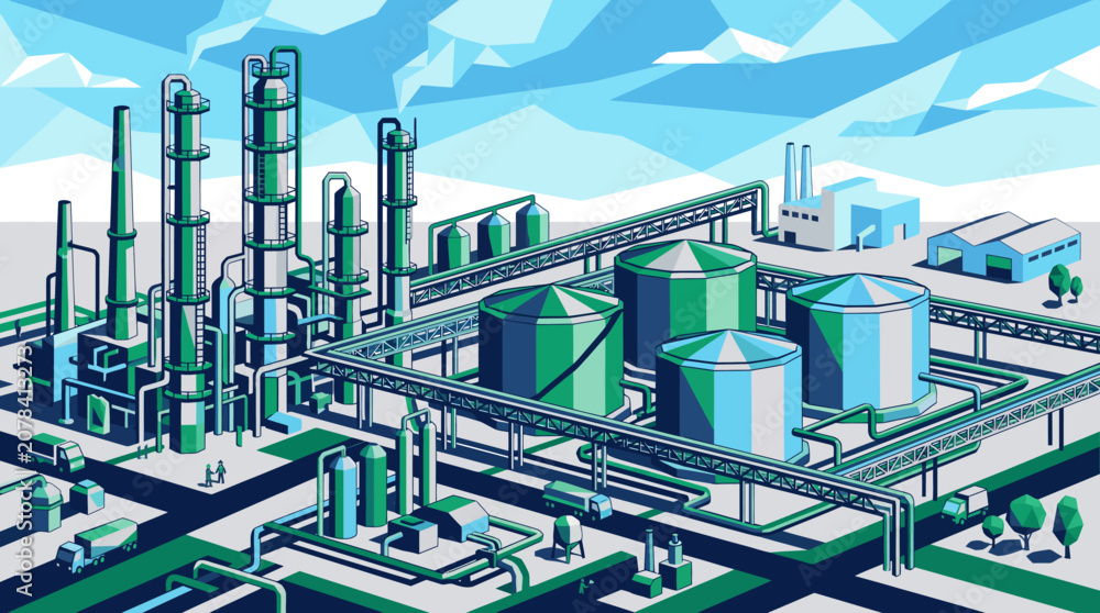 Fototapeta premium Isometric Oil Refinery and Chemical Plant Vector Illustration in Low Poly Flat Design Style with Storage Tanks