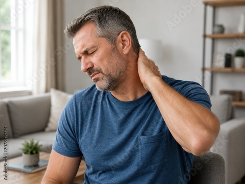 Man suffering from severe neck pain while sitting inside living room during afternoon.