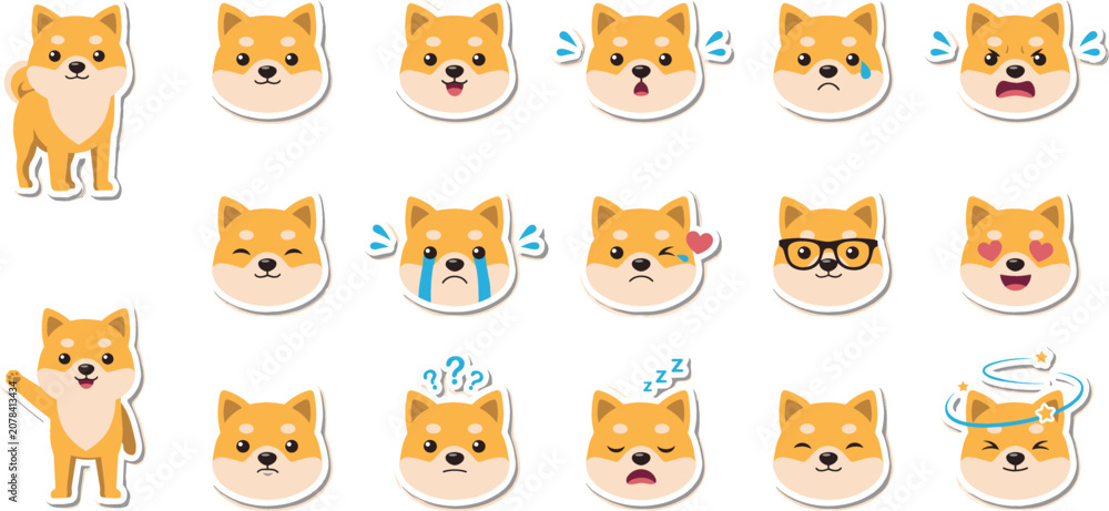 Fototapeta premium Cute Shiba Inu Dog Emoji Sticker Set Featuring Various Facial Expressions with Happy, Sad, Angry, Crying, and Dizzy Cartoon Avatar Elements