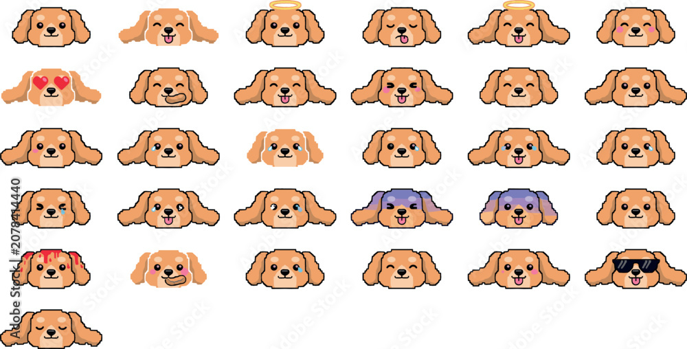 Fototapeta premium Cute Dog Emoji Face Emoticon Pixel Art Vector Set with Happy, Sad, Angry, and Funny Expression Icons for Streaming Chat Stickers