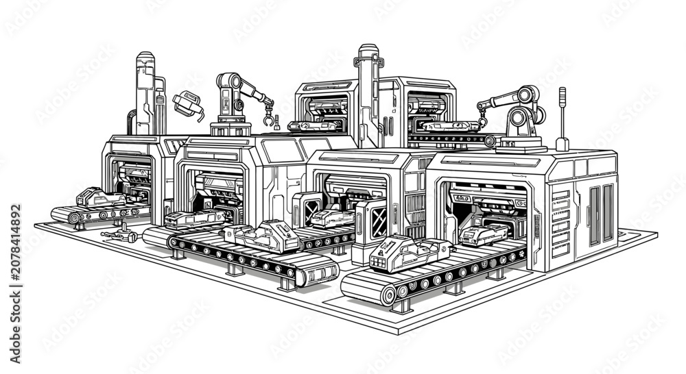 Obraz premium Futuristic Automated Factory Assembly Line Sketch