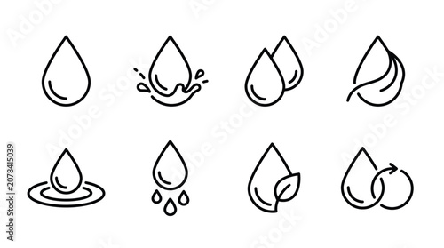 Foto Minimalist vector water droplet icons set featuring purity, splash, ripple, leaf