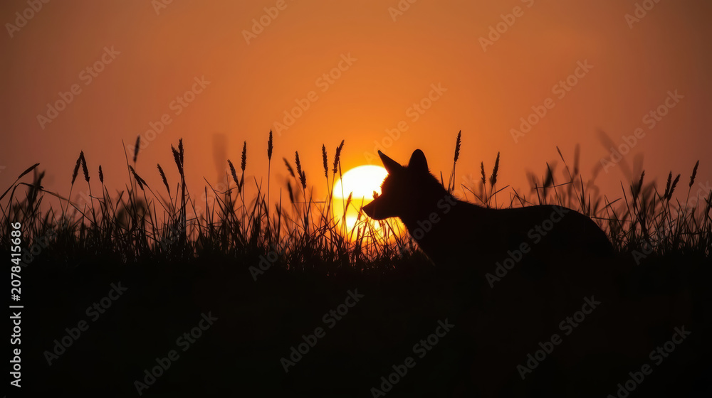 Fototapeta premium Silhouette fox at sunset in tall grass with warm orange sky