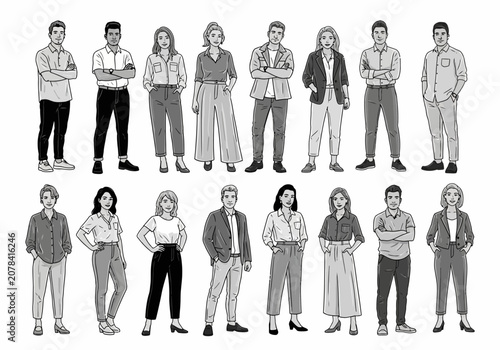 Diverse group of professional men and women standing in two rows