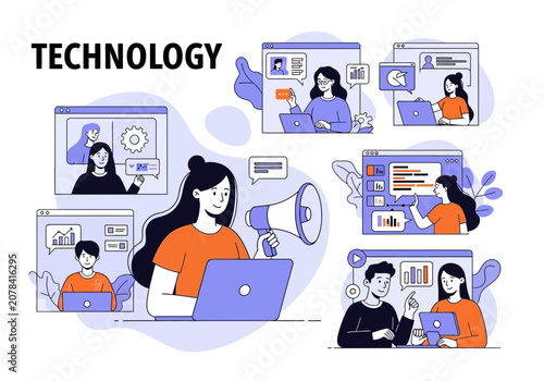 People working on laptops and video conferencing technology