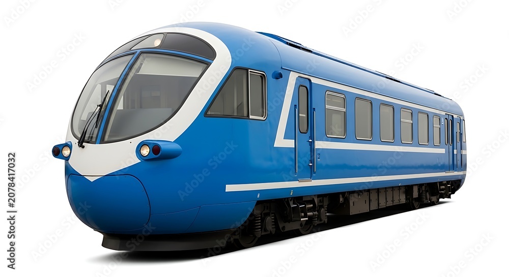 Naklejka premium Blue and white train car on railway tracks
