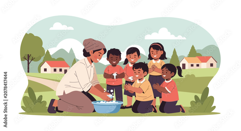 Naklejka premium Teacher teaching kids handwashing, hygiene, outdoor classroom, countryside