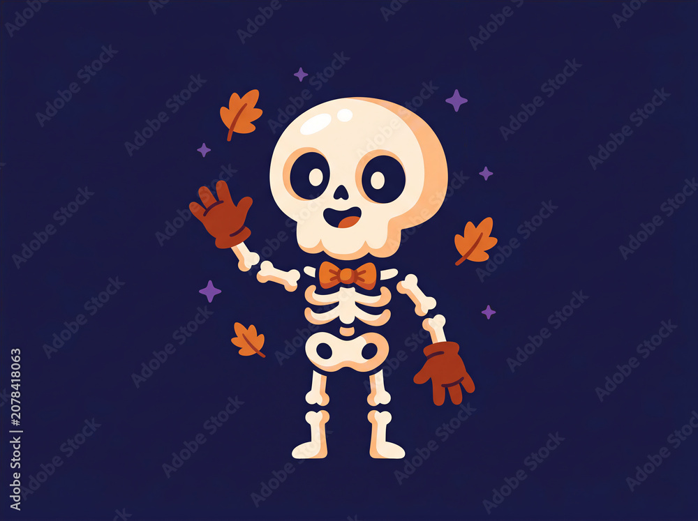 Naklejka premium Cute cartoon skeleton waving with autumn leaves