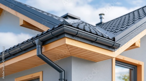 Modern house exterior showing dark gray metal roof gutters and wooden eaves