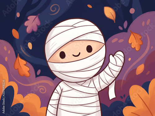 Cute cartoon mummy waving in autumn background