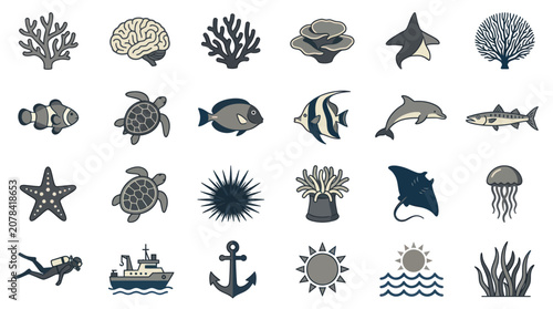 Foto Black and white ocean icons set.