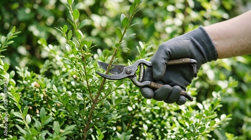 Close up of a gardener wearing gloves pruning a boxwood hedge with sharp secateurs for maintenance and landscaping