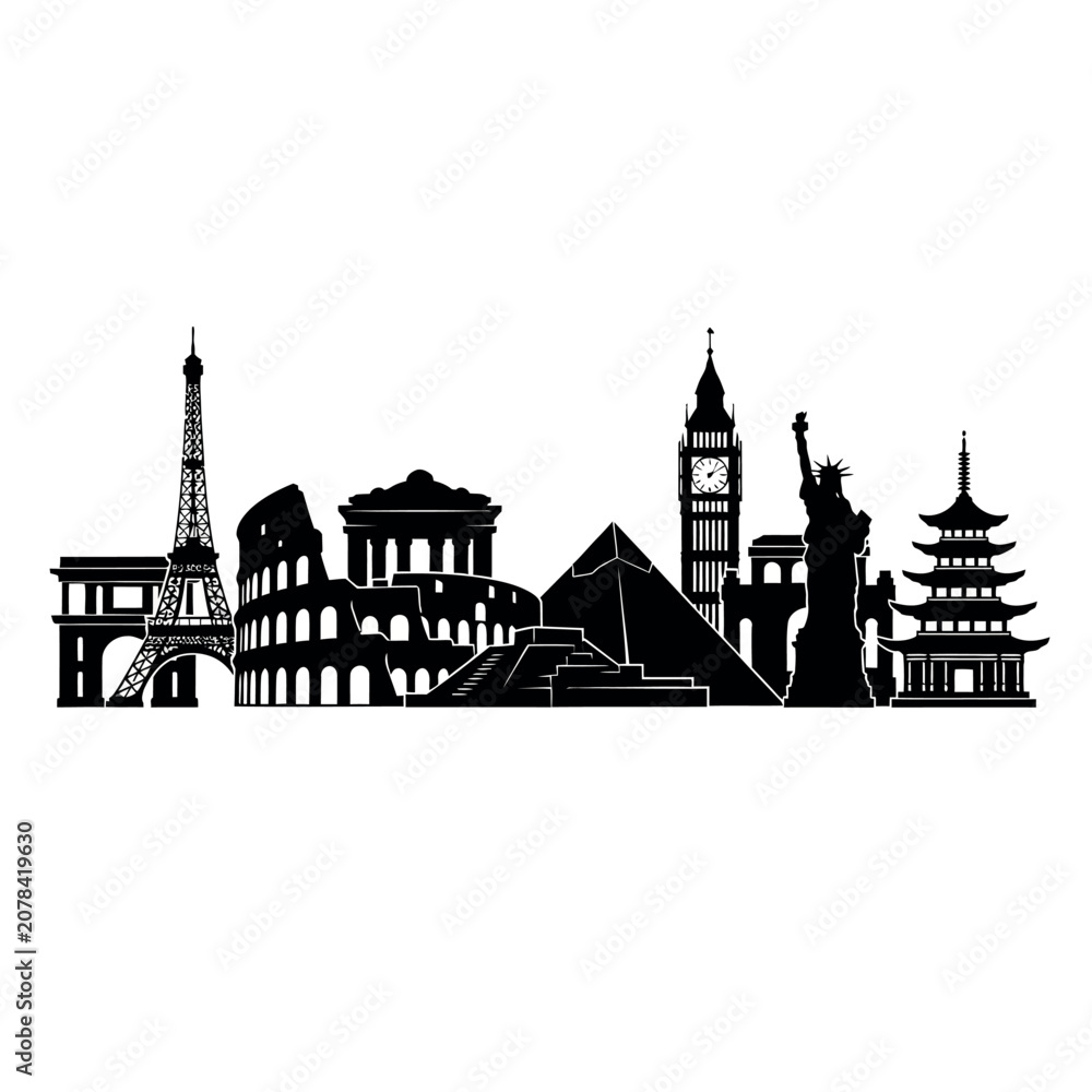 Fototapeta premium Famous World Landmarks Skyline Silhouette.