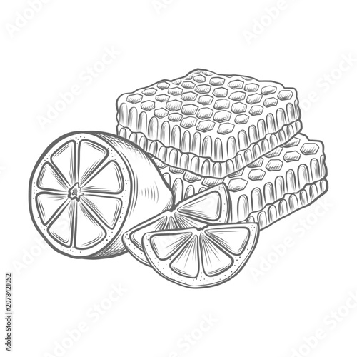 Foto Honeycombs with cut lemons citrus vector graphic illustrations for foodstuffs packaging