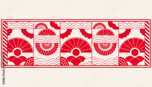 Japanese summer themed red striped border banner with fans