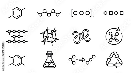 Cuadro en lienzo Polymer Chemistry Outline Icons – Monomer, Polymer Chain and Crosslinking Vector