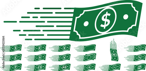 Fast moving money bills with currency symbols icon pack, financial transaction speed design elements