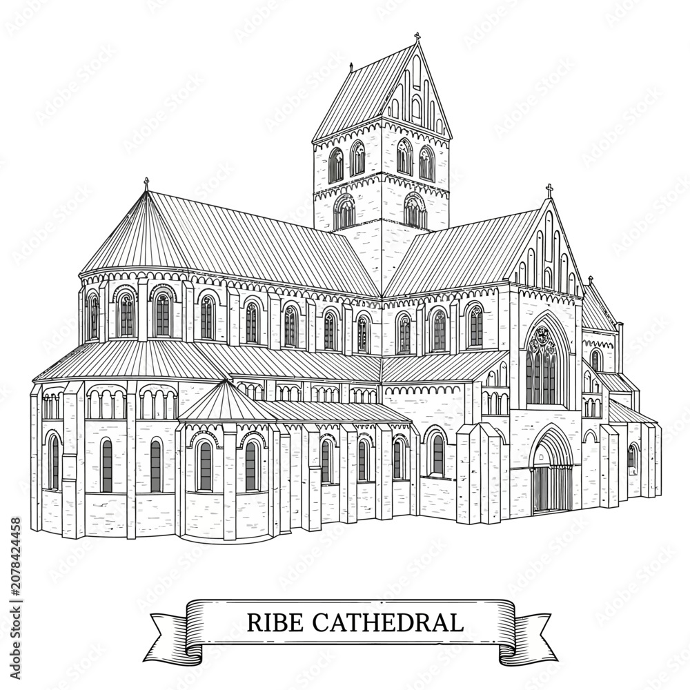 Fototapeta premium Ribe Cathedral Line Art Drawing - Historic Building Sketch