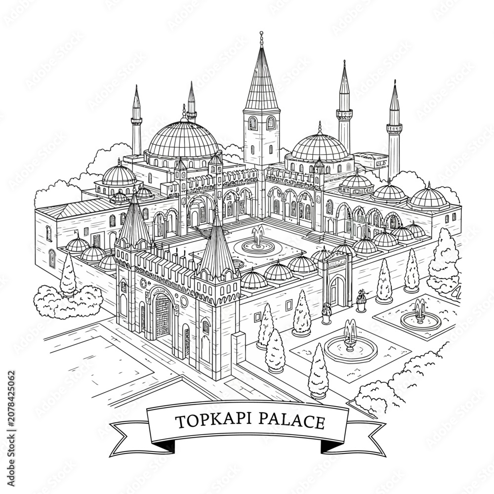 Fototapeta premium Topkapi Palace Sketch: Historic Ottoman Architecture in Istanbul