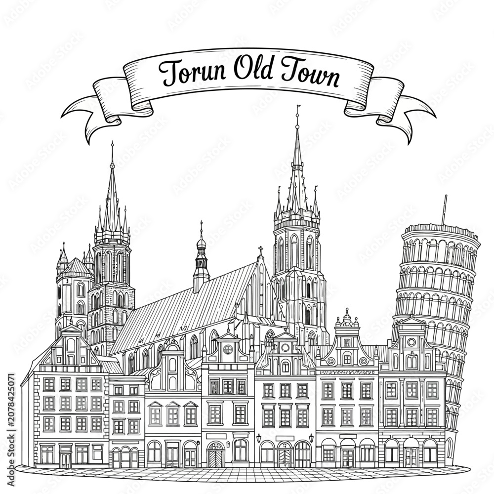 Fototapeta premium Torun Old Town Skyline Sketch: Medieval Architecture, Gothic Cathedrals, and Leaning Tower