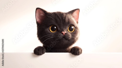 Adorable Black Kitten With Large Expressive Eyes Peeking Over A Blank White Border For Cute Animal Themed Creative Projects