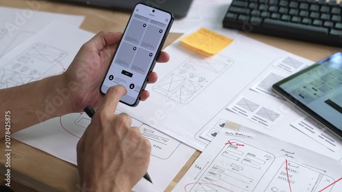 UX UI designer testing prototype on a phone, working on wireframes for a website and mobile app prototype, in concept of website and mobile application design concept.