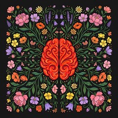 World mental health day awareness brain mental wellness floral art