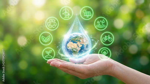 A hand holding a glowing water drop containing a miniature globe, surrounded by green sustainability and eco-friendly on a blurred nature background