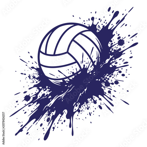 A dark blue ink splatter featuring a volleyball centered on a clean white background, showcasing dynamic paint drips and splashes radiating outward from the central t-shirt poster