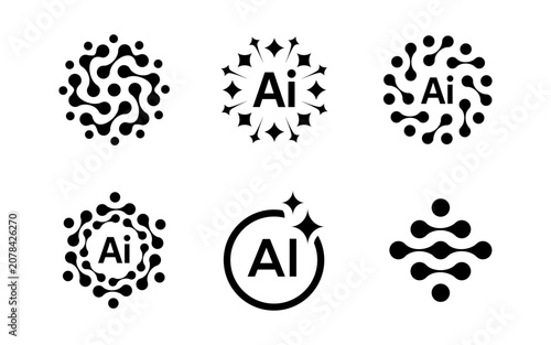 Modern AI logo icons collection featuring innovative technology symbols, artificial intelligence concepts, neural networks, automation, and futuristic digital branding elements
