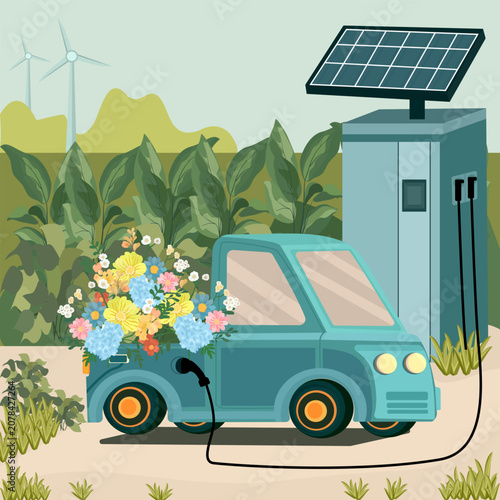 Electric pickup truck loaded with fresh flowers charging at a solar power station in field. Green logistics, eco friendly EV flower delivery, and renewable energy vector illustration.