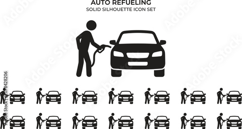 Auto refueling solid silhouette icon, person filling car with gas at fuel station, transportation service sign