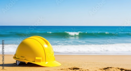 A bright yellow hard hat sits on a golden sandy beach against a backdrop of deep blue ocean waves and a clear sky, blending work and rest, coastal, property, building