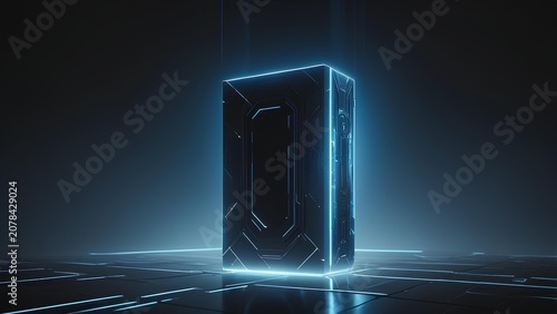 Futuristic Floating Digital Monolith with Glowing Blue Neon Circuitry in a Dark Cyber Space