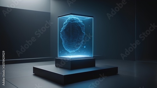 Glowing futuristic holographic brain displayed inside a glass case on a dark pedestal in a minimalist sci-fi exhibition room