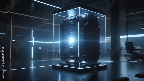 Futuristic seedlike structure with glowing energy core in glass display case