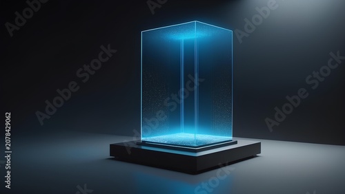 Elegant glowing blue glass monolith on dark podium, high-tech abstract presentation display