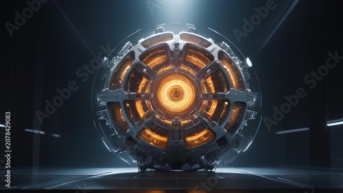 Futuristic Spherical Energy Core with Glowing Internal Components in a Dark Sci-Fi Laboratory Environment