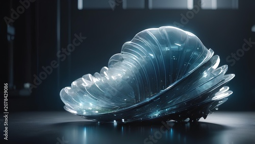 Futuristic Luminous Organic Structure With Translucent Layers and Glowing Bioluminescent Details in a Dark Minimalist Environment