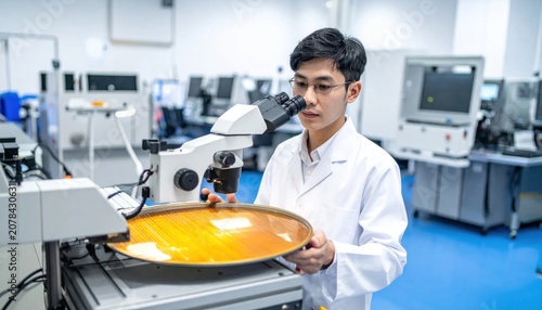 Young Scientist Examining Silicon Wafer Under Microscope in Laboratory.