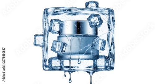Cosmetic cream jar encased in ice cubes showcasing freshness concept