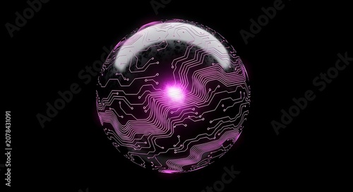 Futuristic orb pulsates with vibrant pink light at its core, encased in intricate, swirling circuit board patterns against a stark black background.