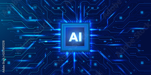Canvastavla Central computer processor chip surrounded by glowing blue circuits on a dark background