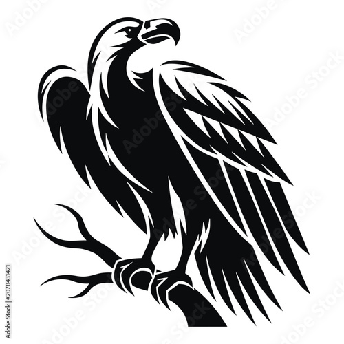 Majestic vulture perched on a branch silhouette vector art