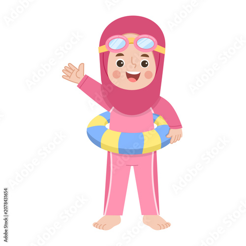 Illustration of a smiling girl in a Muslim swimsuit waving happily