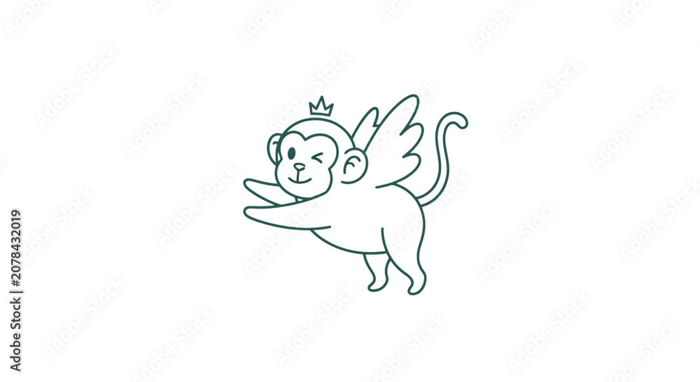Εκτύπωση καμβά Simple Line Drawing of Angel Monkey Character.
