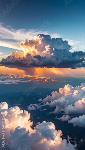 Beautiful cumulus clouds at sunset sky.