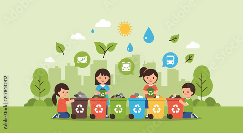 Children sorting recyclables into colorful bins for environmental awareness.