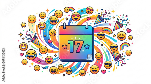 Tableau sur toile Colorful calendar page with number 17 surrounded by happy emojis