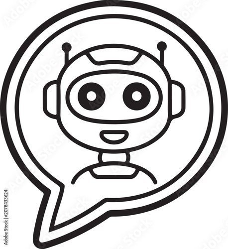 Cute Round Robot Cartoon Line Art 